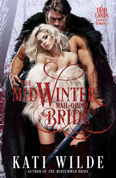 The Midwinter Mail Order Bride cover showing a woman in white fur coat in front of a warrior with a black fur coat and holding a sword