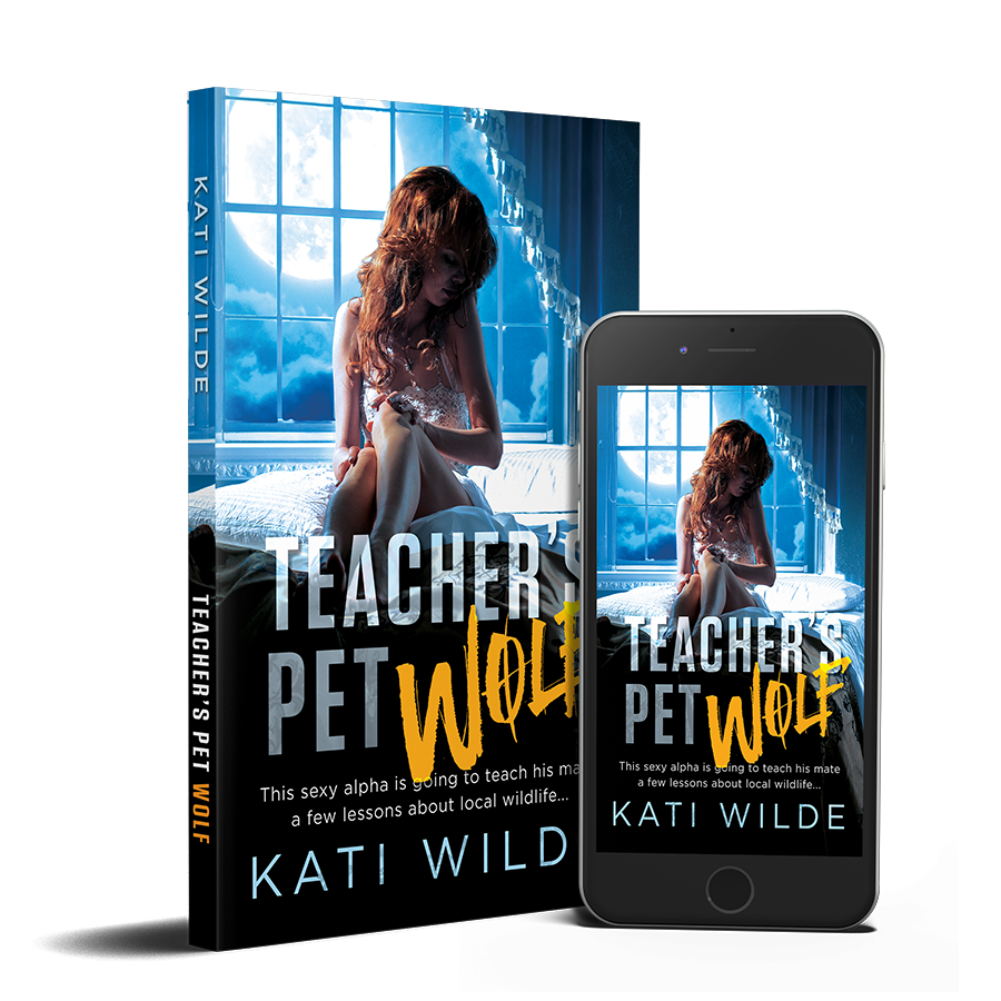the cover for Teacher's Pet Wolf by Kati Wilde featuring an auburn haired woman on a bed with a full moon behind her